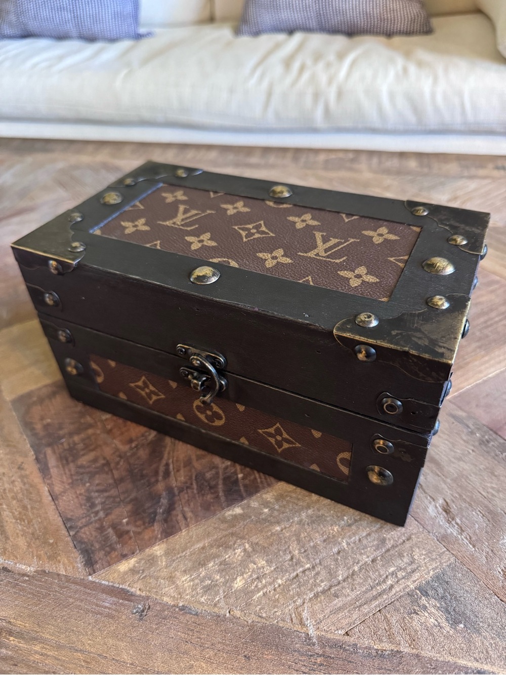 Upcycled LV Louis Vuitton monogram canvas on Medium Trunk Box Home Decor!